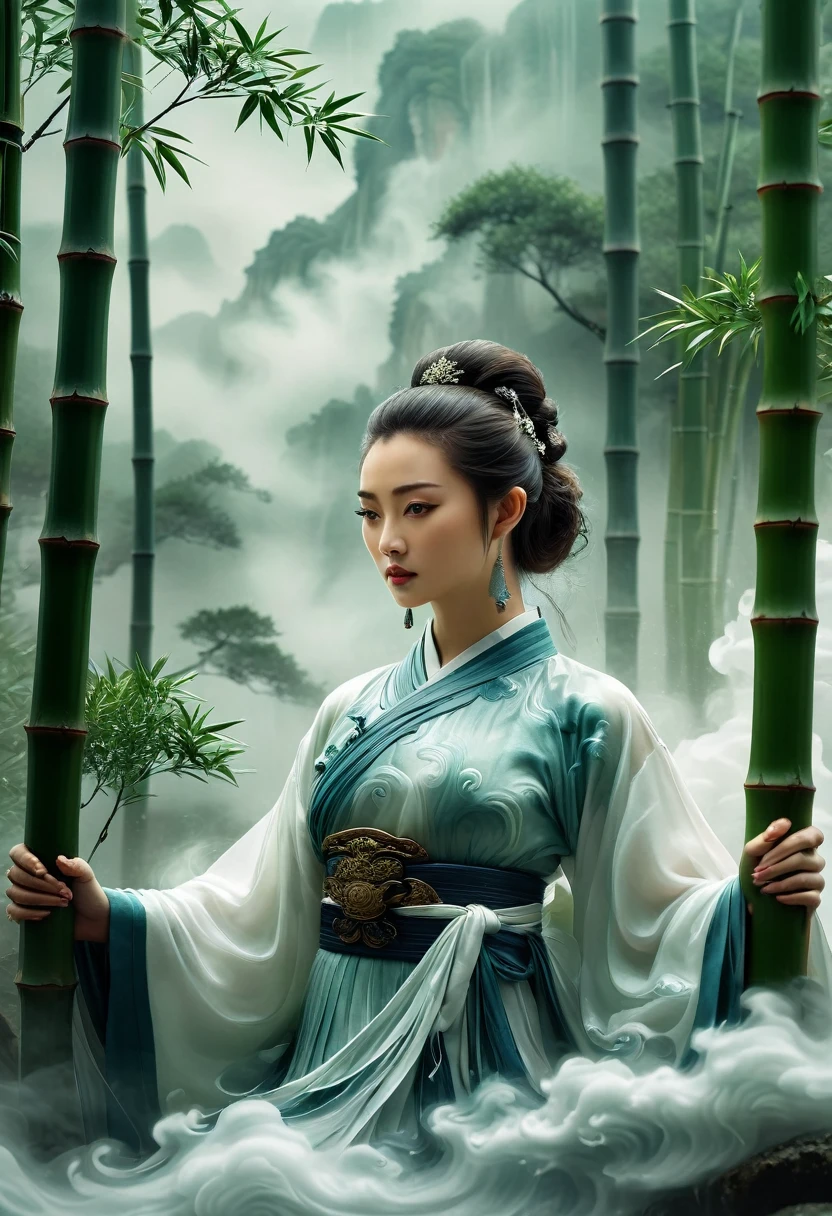 entry screen, close up shot of A woman in Hanfu stands among the bamboo groves, an epic fantasy scene with dark clouds in the sky and smoke effects, in the style of a Chinese ink painting depicting the martial arts world with cloud mist effects, like movie footage. background Miniature Landscape, Milk white transparent water, Brand design, Artistic decoration, Chinese Landscape Resin Work Table, Chinese Song Dynasty Landscape Painting,--ar 2:3 --quality 2 --style raw --sref 3345888893 --personalize  --sw 700 --stylize 1000 --v 6.1

