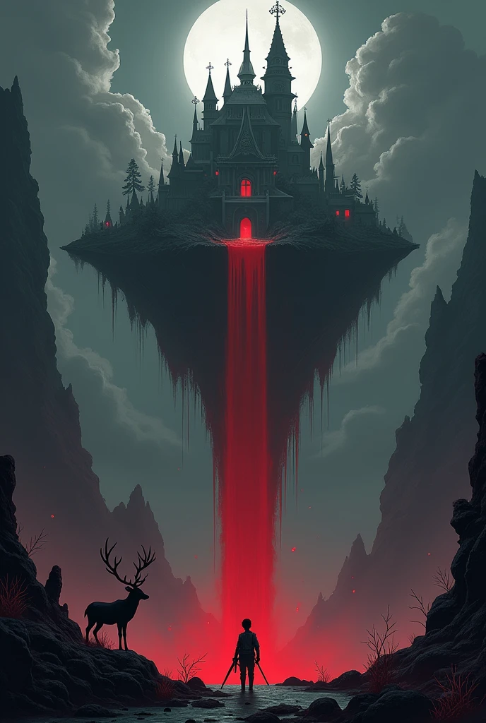 Black background with an island in the sky with a kingdom and a waterfall of blood and a person below and a boy with weapons and a humanoid deer spirit by his side