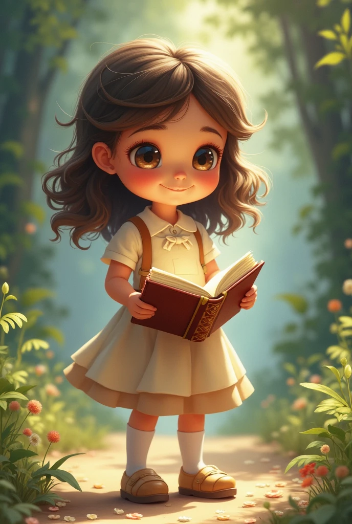 A young girl of about 8 years old, with big curious eyes and a warm smile. She has brown, wavy hair that falls just below her shoulders, and she wears a simple dress in light pastel colors, along with a pair of comfortable shoes. She carries a magical book in her hand and has a look of determination and wonder.