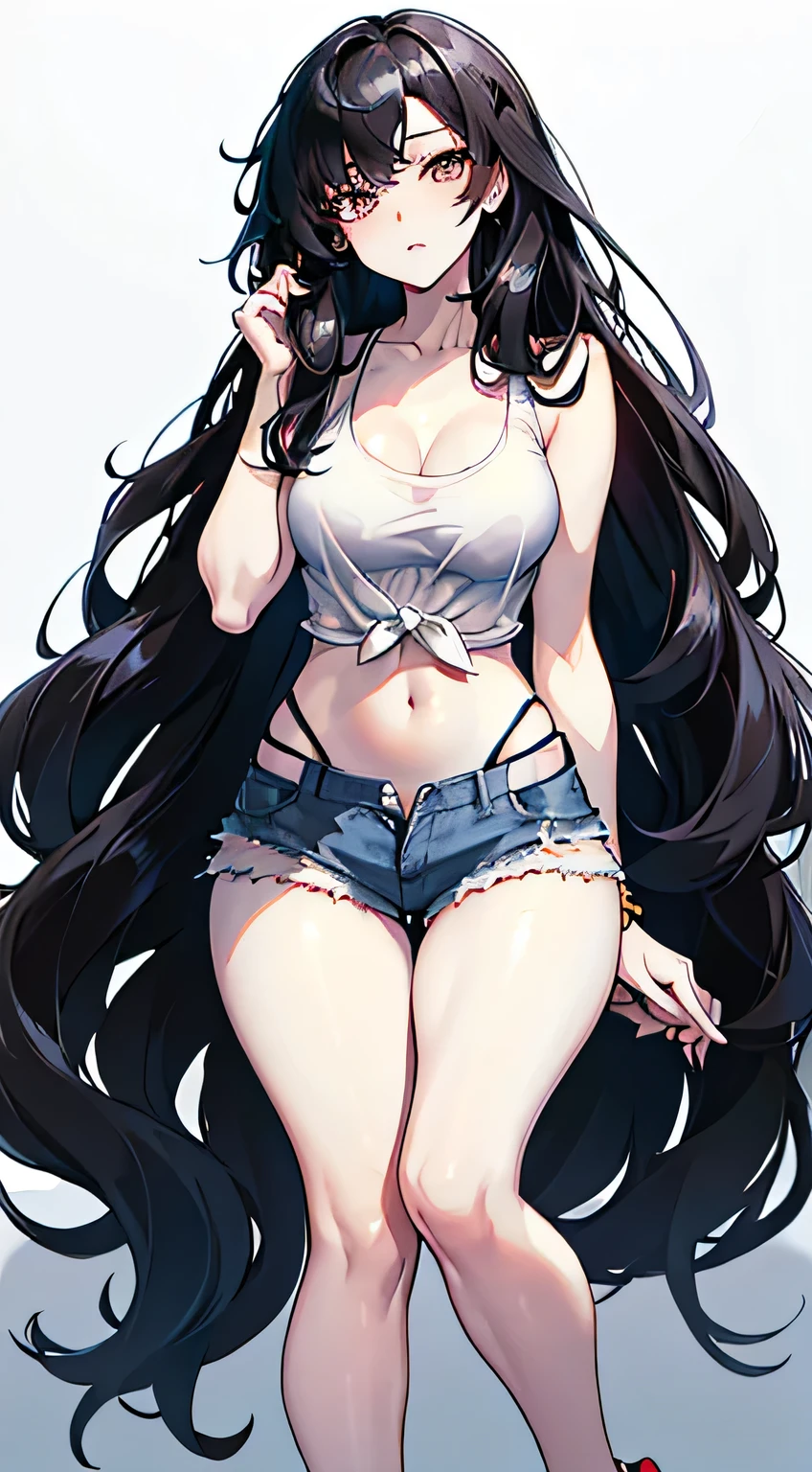 Amazing portrait of a sexy woman with long wavy black hair and a beautiful face with lots of makeup wearing a white tank top showcasing her medium chest with cleavage and denim short shorts paired with a black belt and tassels showcasing her small waist, wide hips, thick thighs and long legs emphasised by white high heels