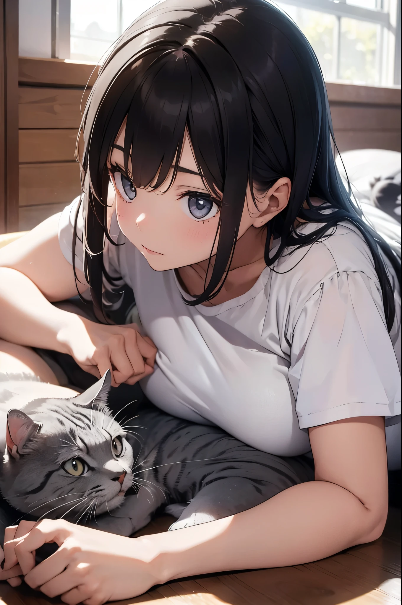 girl lying on her chest with a grey cat next to her