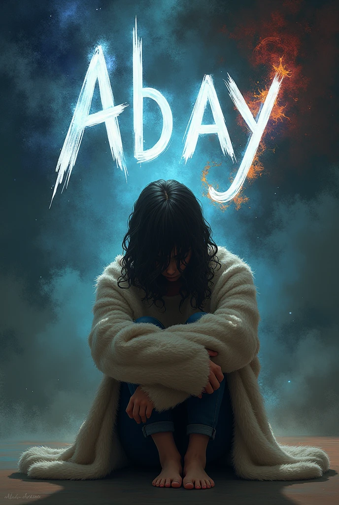 A person is daydreaming while hugging his legs wearing a sweater. Behind him is the word Abay and in front of him are two sides, namely heaven and hell. 
