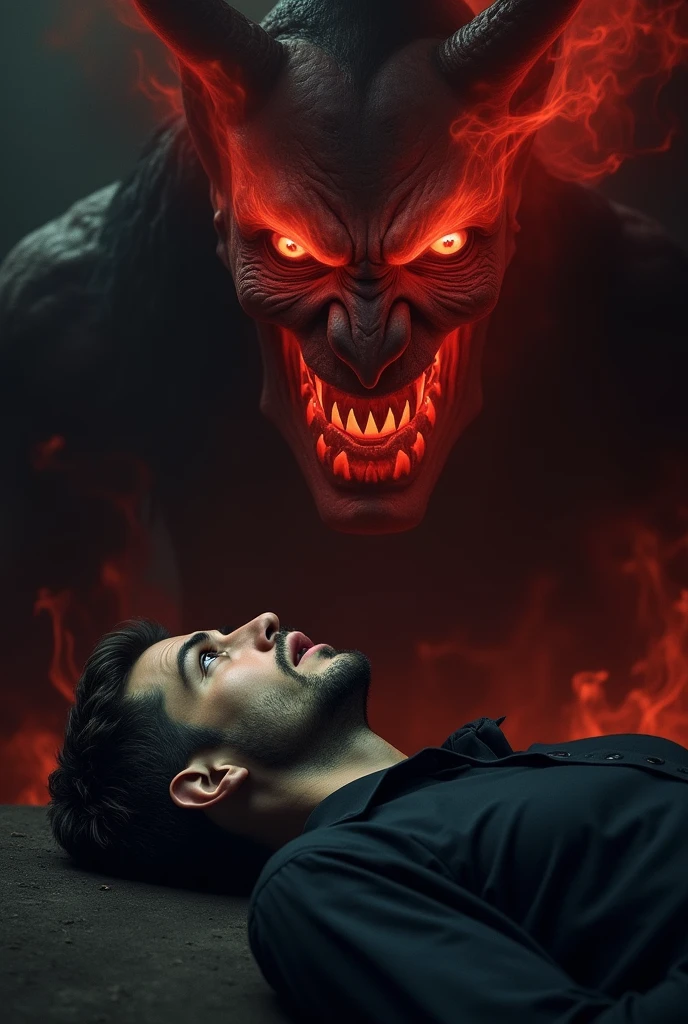 A dark and intense scene featuring a man lying down with a solemn, almost fearful expression. Above him looms a demonic figure with glowing red eyes and fiery, smoke-like features, staring menacingly at the man. The demon’s presence is overwhelming, dominating the background with its fiery essence, while the man remains still, perhaps in a vulnerable or submissive state. The atmosphere is filled with tension, highlighting the confrontation between the man and the sinister, powerful entity