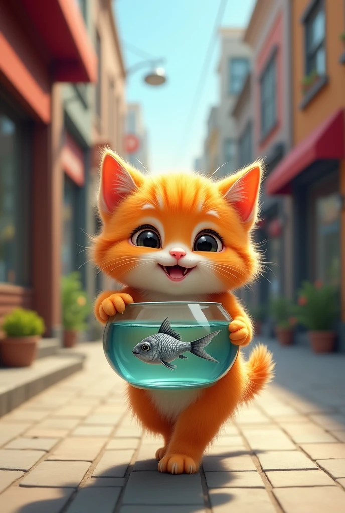 Orange kitten smiling holding bowl aquarium with one gray fish in inside walking in the side street (background frontview of shops)
