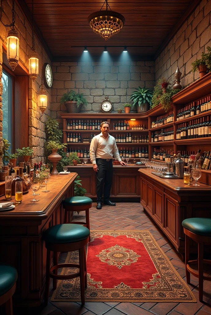 Illustration of a man, bald, is smiling, wearing a ((red blazer)), he is behind the counter of an old bar, wooden shelves with bottles in the background, a (((old clock ))) on the wall, on a stand on top of the counter hanging salami pieces, 8k --auto --s2
