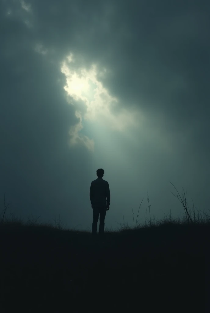 The man is seen from afar standing on a hill and looking at the black cloudy sky through which a ray of light breaks through. The perspective on a person comes from afar, he is very far from us. the picture contains dark depressive colors. view from a distance and from above