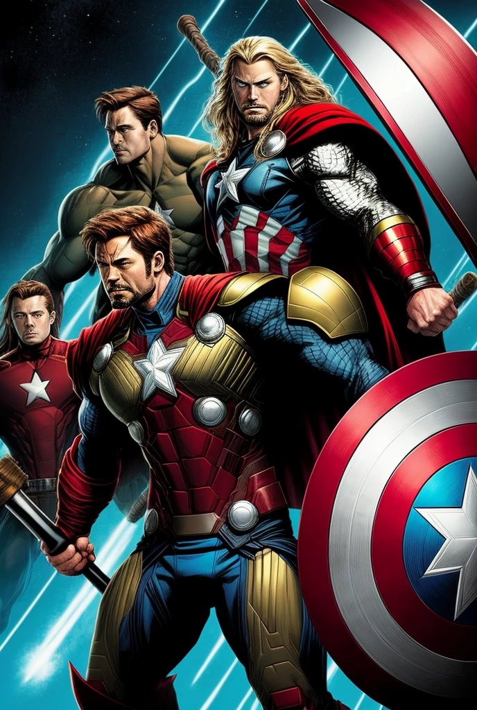 Create a merge of three legendary heroes of marvel comics :
1)Thor with his hammer
2)Iron Man with his best suit
3)Captain America with sheild