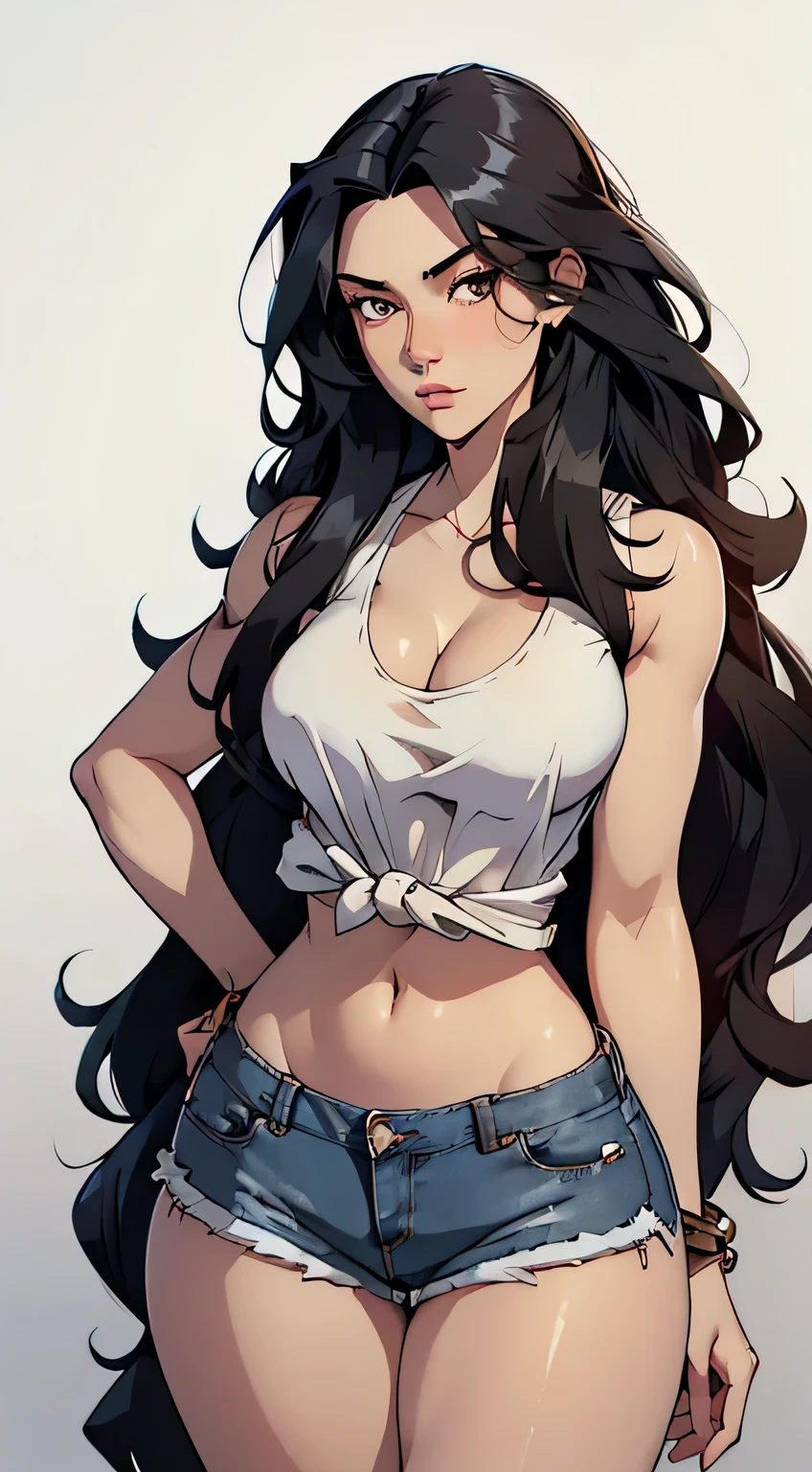 Amazing portrait of a sexy woman with long wavy black hair and a beautiful face with lots of makeup wearing a white tank top showcasing her medium chest with cleavage and denim short shorts paired with a black belt and tassels showcasing her small waist, wide hips, thick thighs and long legs emphasised by white high heels