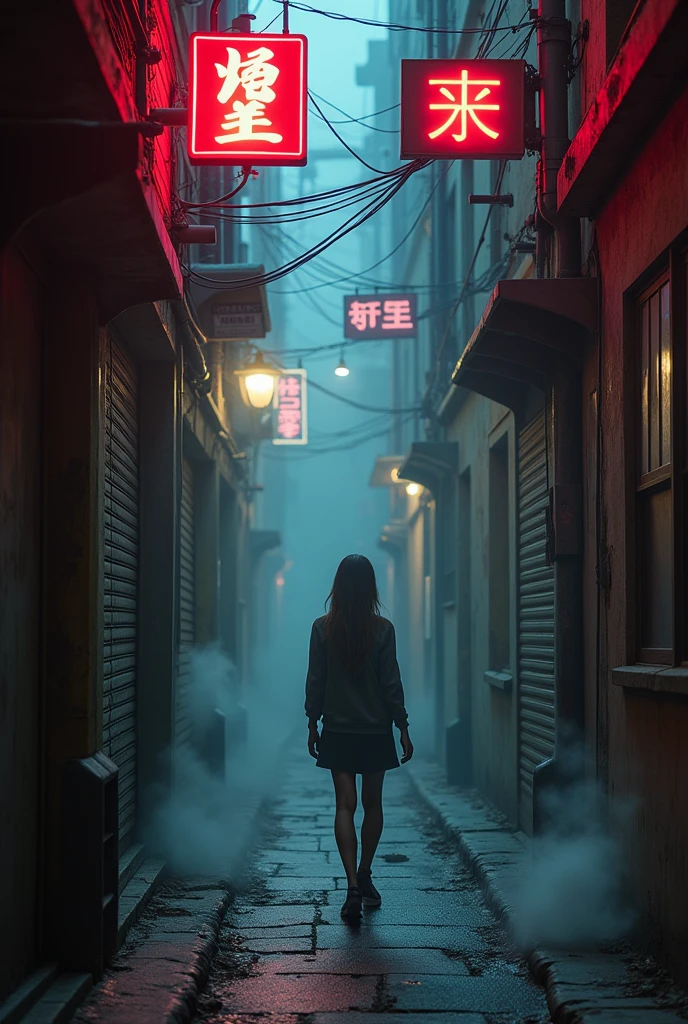 Realistic photos, Kinesiology, high quality, Cyberpunk girl walking in cyberpunk alley, Cyberpunk narrow streets, With neon sign, Cables and pipes, Mall, ventilation duct, Smoke coming from the gutters on the floor, electrical records, abandoned appearance, FOG, dark and gray environment, humo y FOG, Steamy drains,