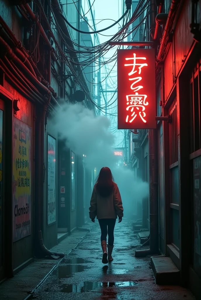 Realistic photos, Kinesiology, high quality, Cyberpunk girl walking in cyberpunk alley, Cyberpunk narrow streets, With neon sign, Cables and pipes, Mall, ventilation duct, Smoke coming from the gutters on the floor, electrical records, abandoned appearance, FOG, dark and gray environment, humo y FOG, Steamy drains,