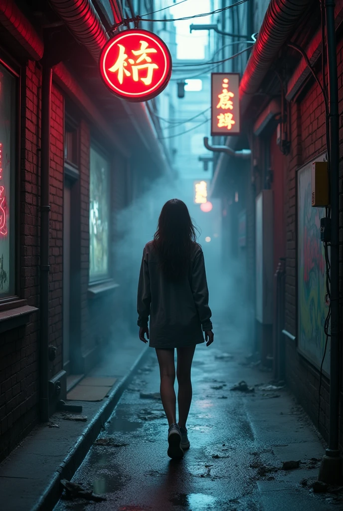 Realistic photos, Kinesiology, high quality, Cyberpunk girl walking in cyberpunk alley, Cyberpunk narrow streets, With neon sign, Cables and pipes, Mall, ventilation duct, Smoke coming from the gutters on the floor, electrical records, abandoned appearance, FOG, dark and gray environment, humo y FOG, Steamy drains,