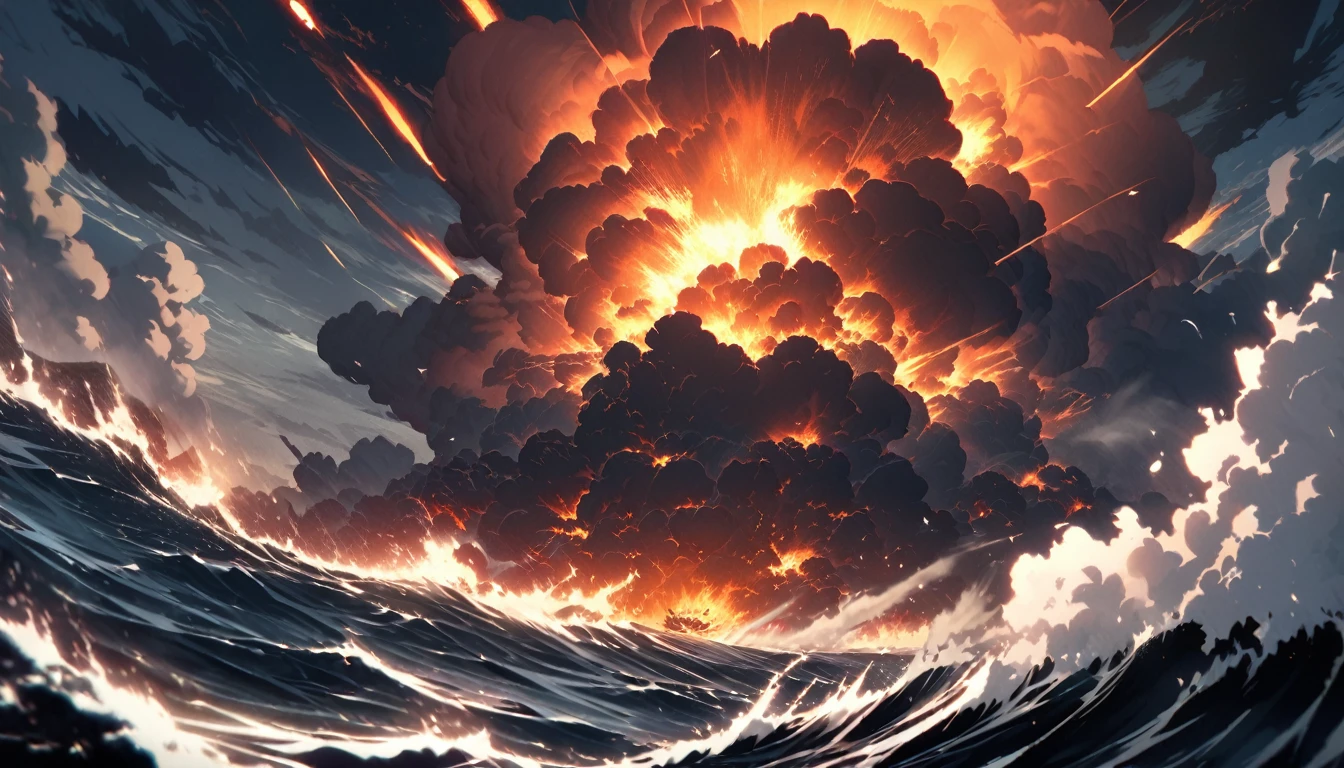 Breathtaking image of a fighter plane super sonic bombed-out a volcano in the middle of  storm, The water around  is filled with ripples and waves, adding to the chaotic scene. Huge explosions can be seen erupting everywhere, casting intense lighting clouds and leaving trails of smoke that contrast sharply against the night sky. Fire and smoke continue to fill the air, explosions that seem to never end. Missiles