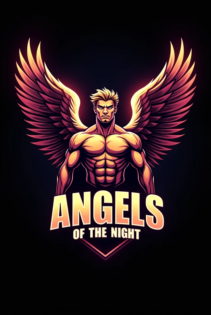 Create a volleyball team logo with the title Angels Of The Night with a male angel mascot , preferably in color with a black background , wine and light yellow