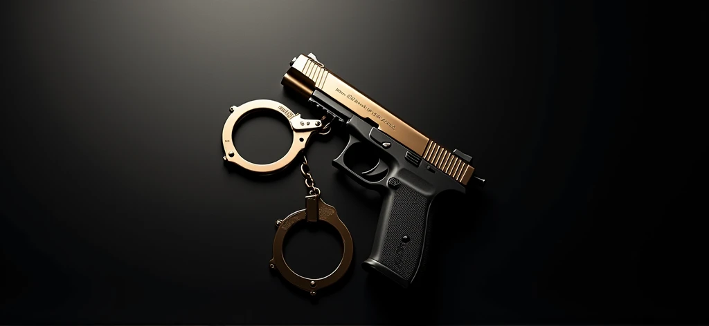 On a black background in a gradient with slight gray gradient, while around the edges of the image Add subtle details like a golden flash or fine lines to accentuate luxury and danger. Shows a gun with handcuffs around it.