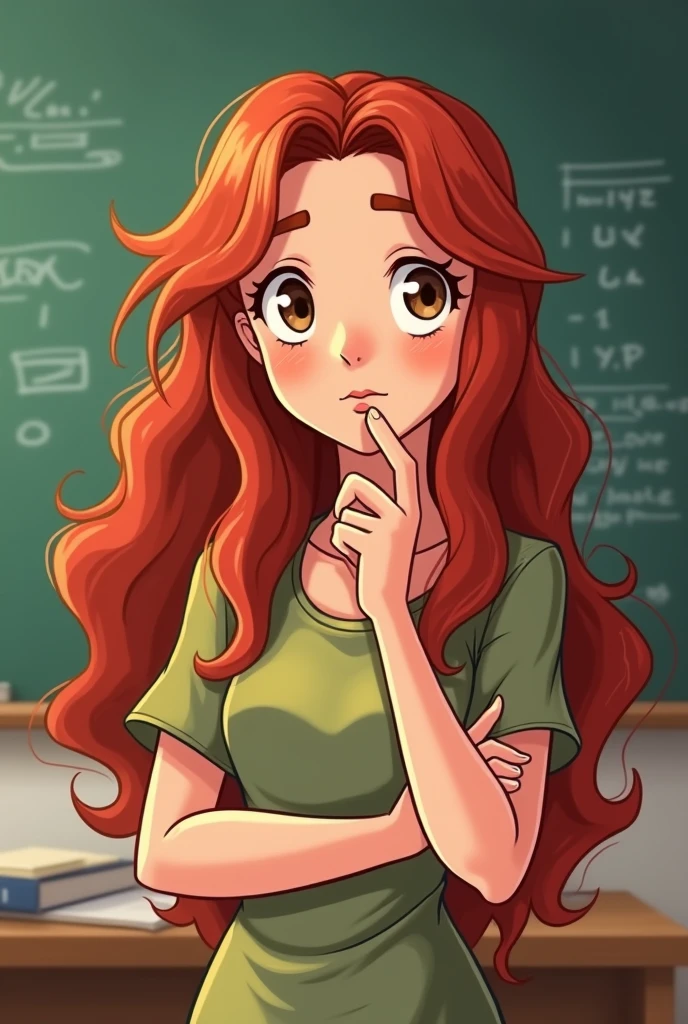 cartoon of a teacher thinking, red hair, long, Wavy, Brown eyes 