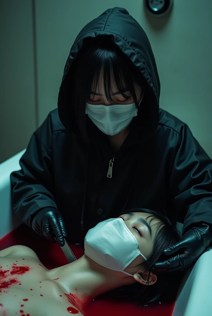 korean girl, (behind corpse, surgical mask), holding knife, stabbing, black gloves, bath full of blood, black raincoat, hood up, holding knife, black gloves, behind corpse, blood splatter, long bangs, hotel, black wet suit, night, mass murderer, killer, robbery, dark atmosphere, cinematic lighting, atmospheric realistic, close-up,
