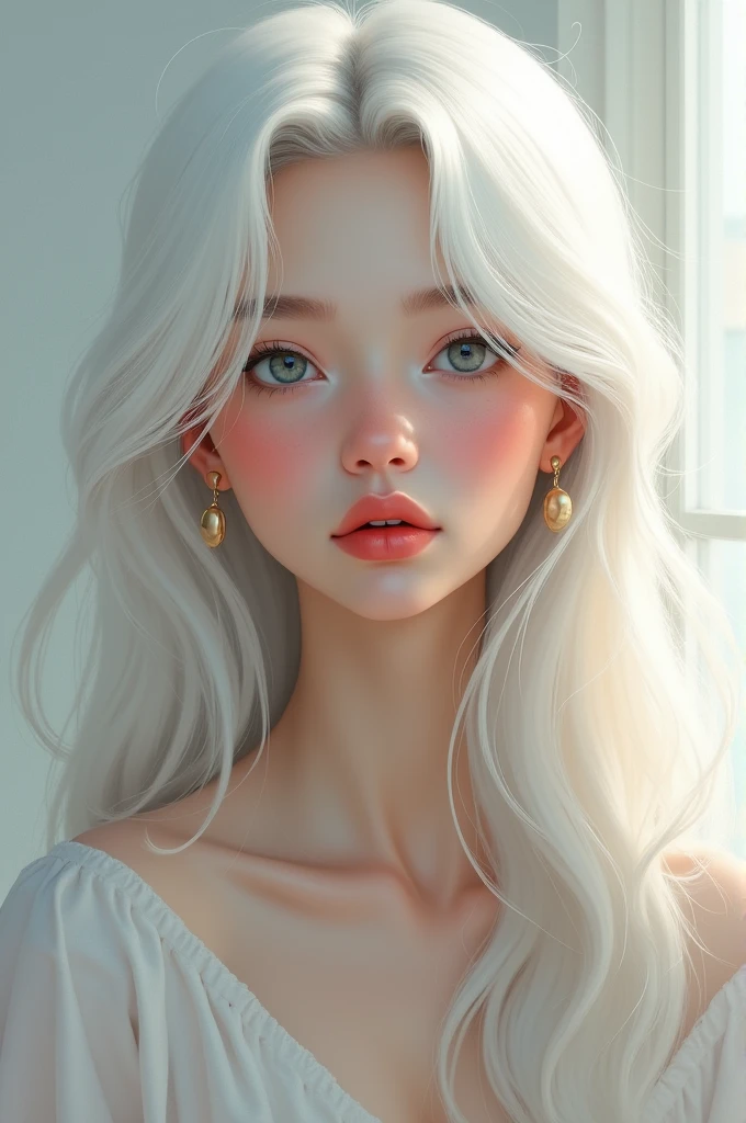 A girl with long white hair,light olive skin button nose, full pink lips, gray eyes, high cheekbones