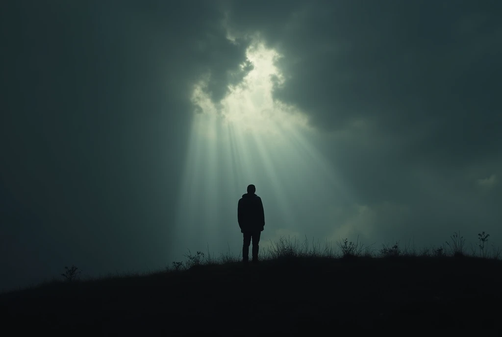 The man is seen from afar standing on a hill and looking at the black cloudy sky through which a ray of light breaks through. The perspective on a person comes from afar, he is very far from us. the picture contains dark depressive colors. view from a distance and from above