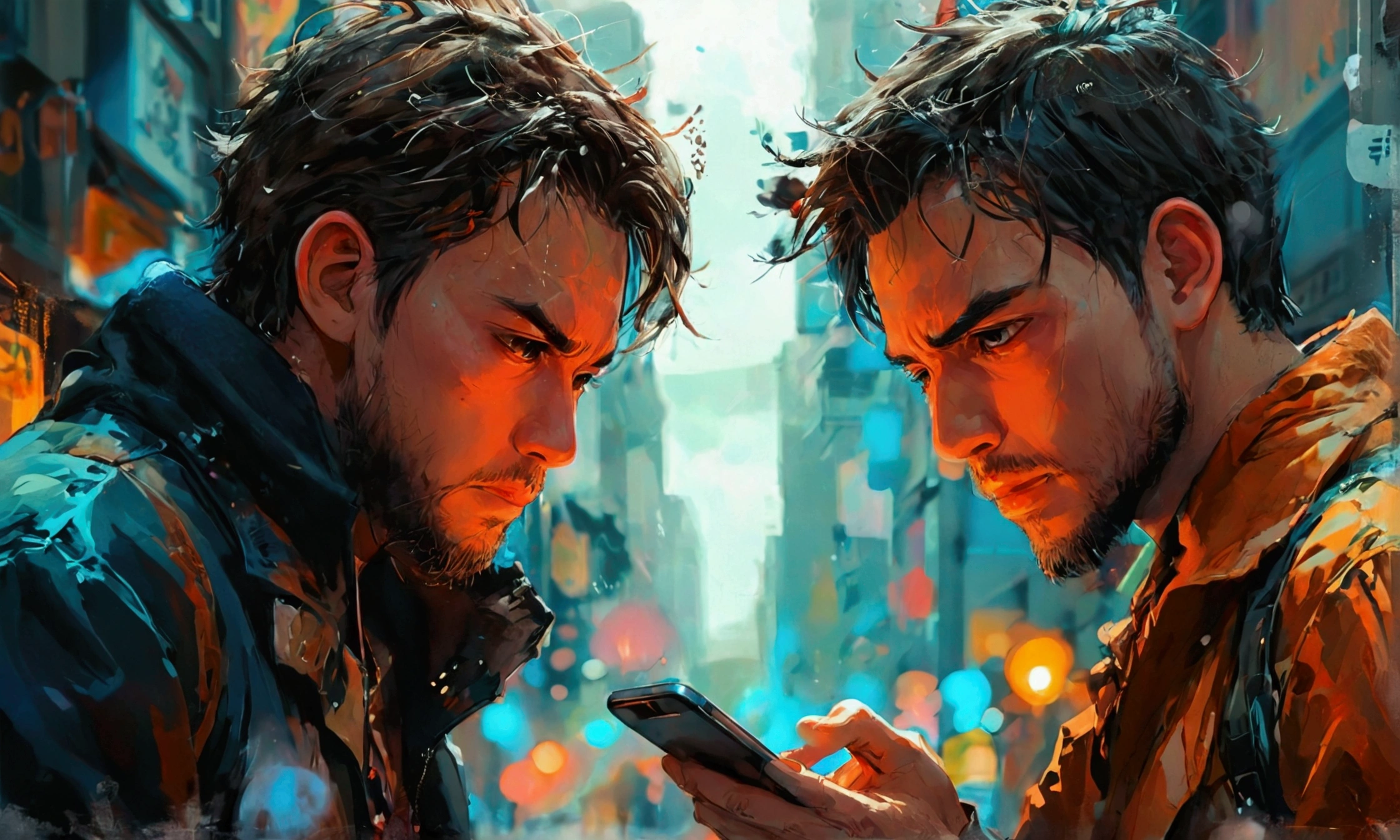 TWO MEN LOOKING AT A CELLPHONE,manga style art,manga style art,manga style art,manga style art