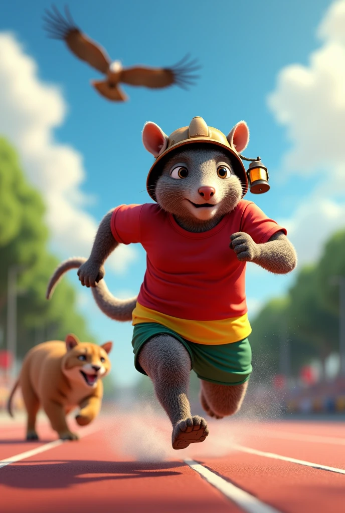 An animated armadillo athlete with a crimson red t-shirt running in Paris 2024 with a miner&#39;s helmet with an old brown lantern and his third Bolivian flag (Red color, yellow and green horizontally)
A puma chasing from behind An Andean condor in the air The orientation of the colors of the t-shirt upside down : First red, then yellow, then green Faster The closest Andean condor You forgot the shell, This is outside the shirt 