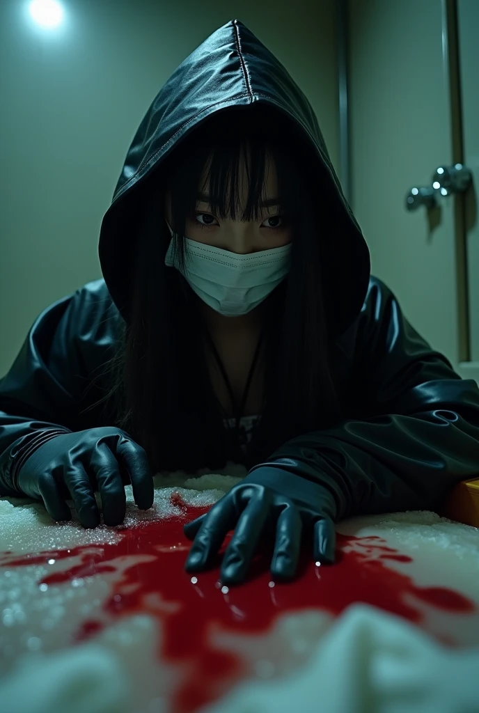 korean plump girl, (behind corpse, surgical mask), holding knife, stabbing, black gloves, bath full of blood, black raincoat, hood up, holding knife, black gloves, behind corpse, blood splatter, long bangs, hotel, black wet suit, night, mass murderer, killer, robbery, dark atmosphere, cinematic lighting, atmospheric realistic, close-up,
