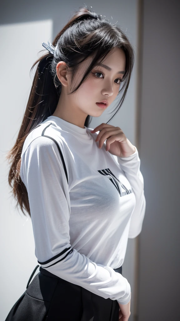 1girl, solo, masterpiece, best quality, uhd, highres, extremely detailed 8K wallpaper, shaved mullet, black white t-shirt, long sleeve