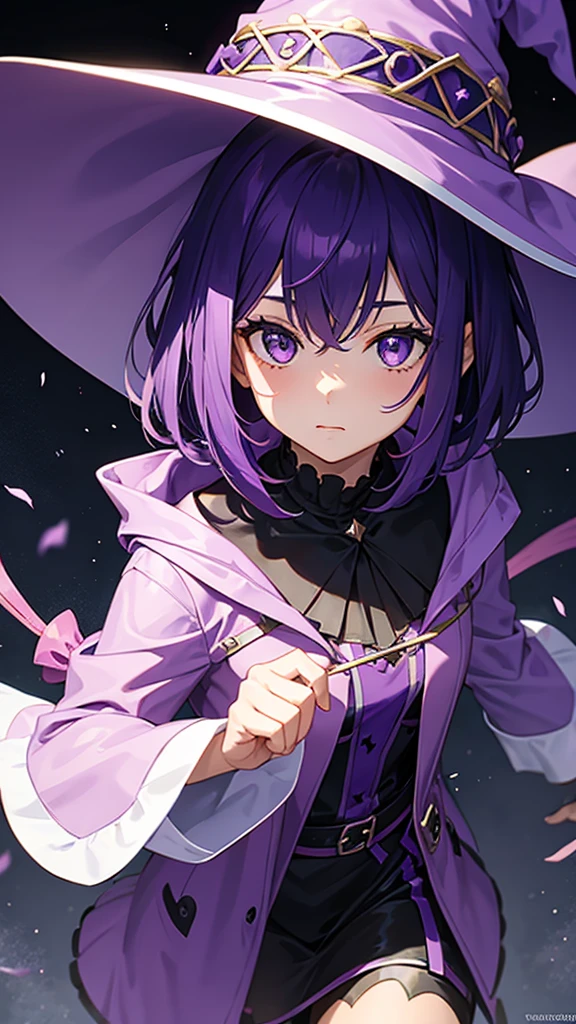 Girl with short purple hair wearing a purple witch outfit and a witch hat