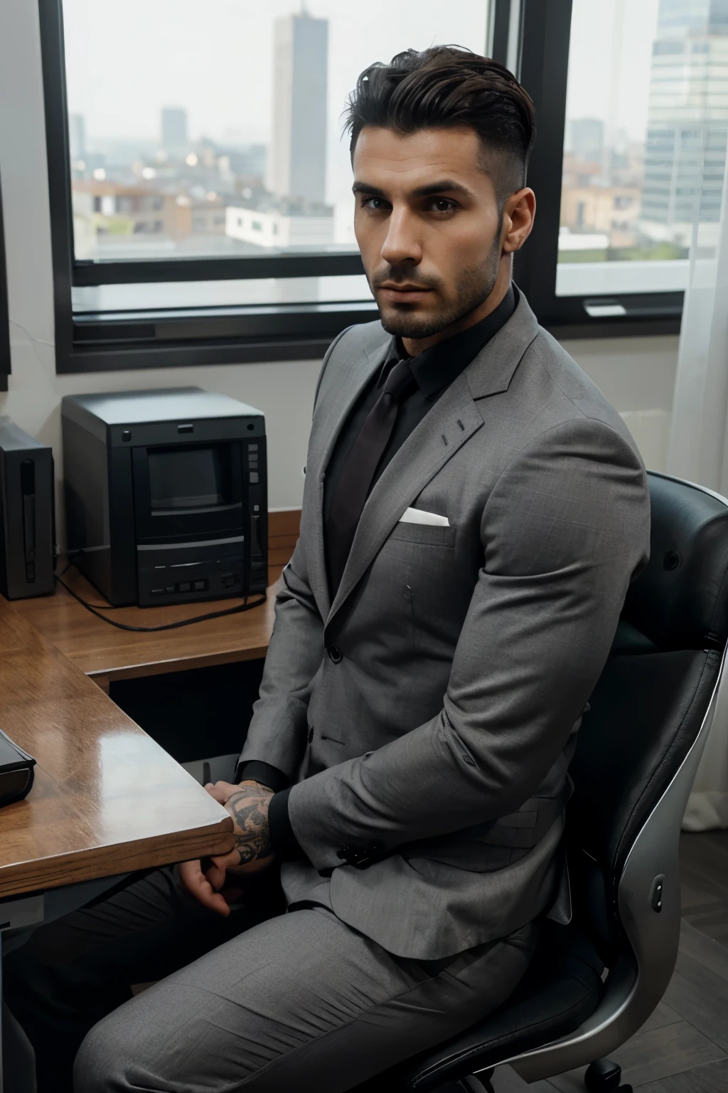 A extremely hot and extremely muscular perfectly toned and athletic physique of a 30 year old Italian guy with short black hair and tattoos under a grey suit and he is sitting behind of a desk with a large window in the background