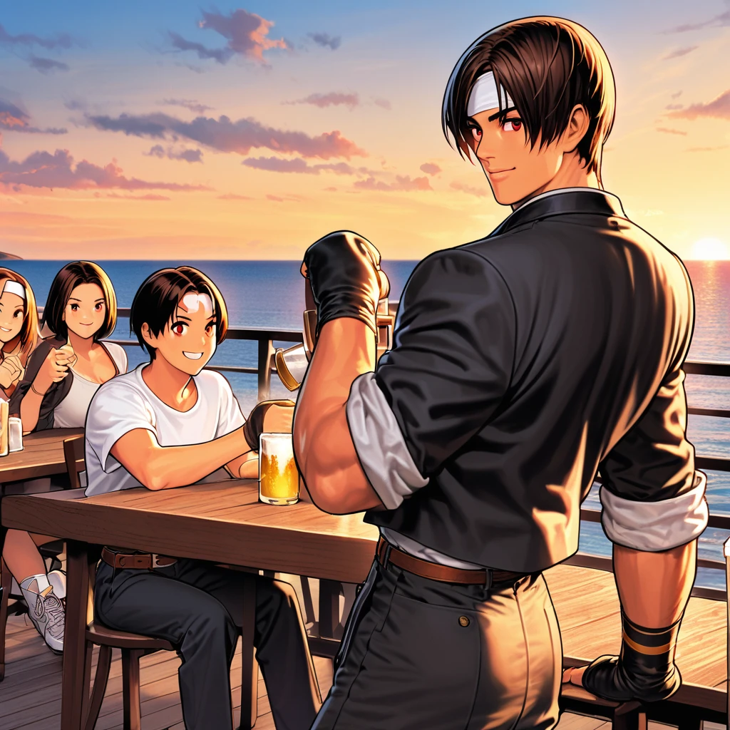 1,woman,short hair,Dark Skin,Red Eyes,(Black jacket with rolled up sleeves),Fingerless gloves,White T-shirt,(White headband on forehead),Black pants,White shoes,Brown belt,cute,Indoor person,Charming,Ocean View,rather large bust,Outdoor enthusiast,High quality,Handsome,A confident smile,Dining with friends on the terrace,They are talking happily.,Toasting with beer mugs