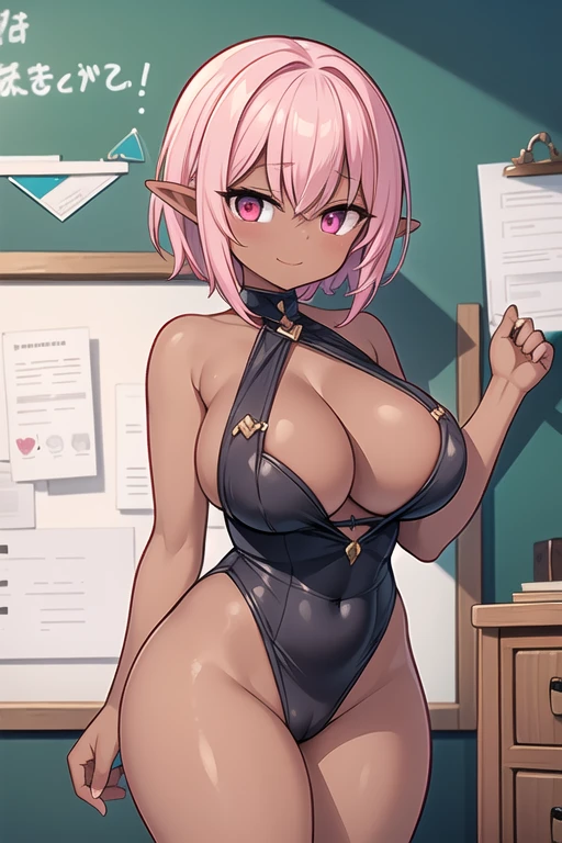 1 Cute naughty receptionist, (dark elf:1.3, dark skin:1.3), Pastel colors hair, (large breasts:1.2, Thighs:1.2, thick legs:1.2, curvy:1.2), (pink hair, short hair, flipped hair:1.2, tired hair, hair intakes), red eyes, (naked:1.2), standard height, (slant eyes, blush:1.2, evil smiling), at the adventurer's guild, A bulletin board with posted paper
