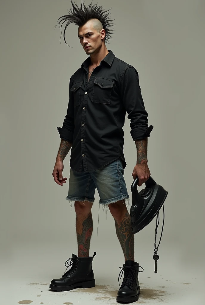 And no animal mohawk hair black long sleeve shirt denim shorts black shoes iron hand iron hand 