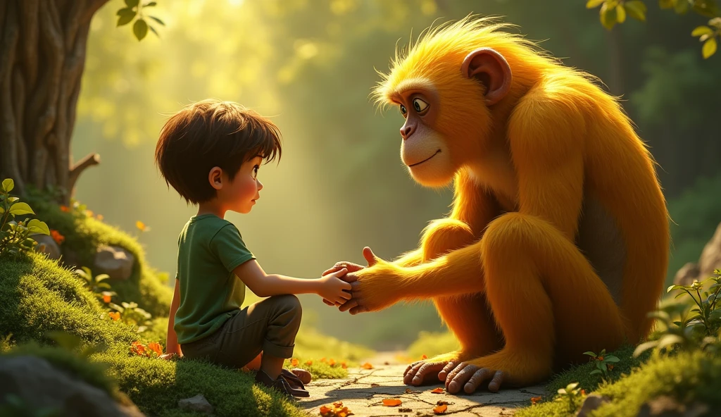 An 11 year old boy with short brown hair and curious blue eyes. He wears a green t-shirt and adventurer pants, a little dirty with dirt and a huge golden monkey with fur that shines like gold in the sun (his eyes are wise and his posture is majestic. He sits on a moss-covered stone throne, which looks like a part of nature itself).The monkey handed the boy a necklace made of golden leaves, elongated like the sun, rendered in 3D Disney Pixar animation.