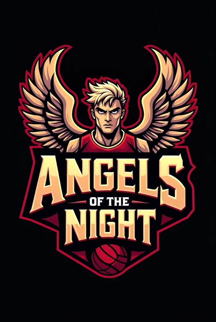 Create a volleyball team logo with the title Angels Of The Night with a male angel mascot , preferably in color with a black background , wine and light yellow