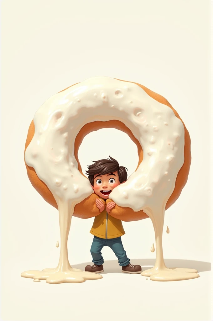 A boy with two giant white donuts, one on the right side and the other on the left., and the donuts are spilling milk on the floor