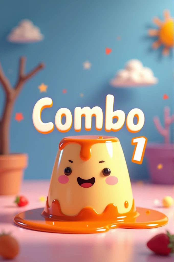 Create an image written Combo 1 containing an animated pudding image in the background 50% transparentes.