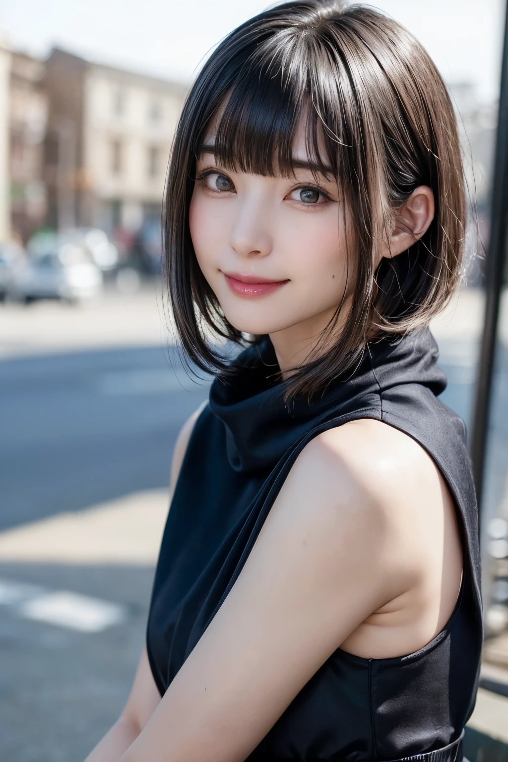 (masterpiece, Highest quality),One Girl, alone, Black-haired, scarf, Have, Realistic, Realistic, Looking at the audience, Light-coloured black eyes, Short brunette bob, Brown coat,, lips, prohibit, Plein Air, Upper Body、Big eyes、Beautiful view of sparkling snow lassi))、(((Short bob hair with bangs:1.hiny Hair、prohibit:1.4、Big eyes、large full chest、Highlights the eyes、Gazing at the audience、Beautiful beauty、Listen carefully、Long neck、Laugh a little、smile、Ideal body type)))、{Huge|big|Hugeな|Mega} chest:2, chestの谷間:2