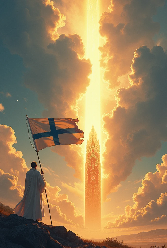 A man with a white flag with blue stripes and a star and he waved it. Then the sky opened in two parts and a golden rock came out. The man who had the flag said: This flag will have peace just like you. Don't be sad and you will be happy.