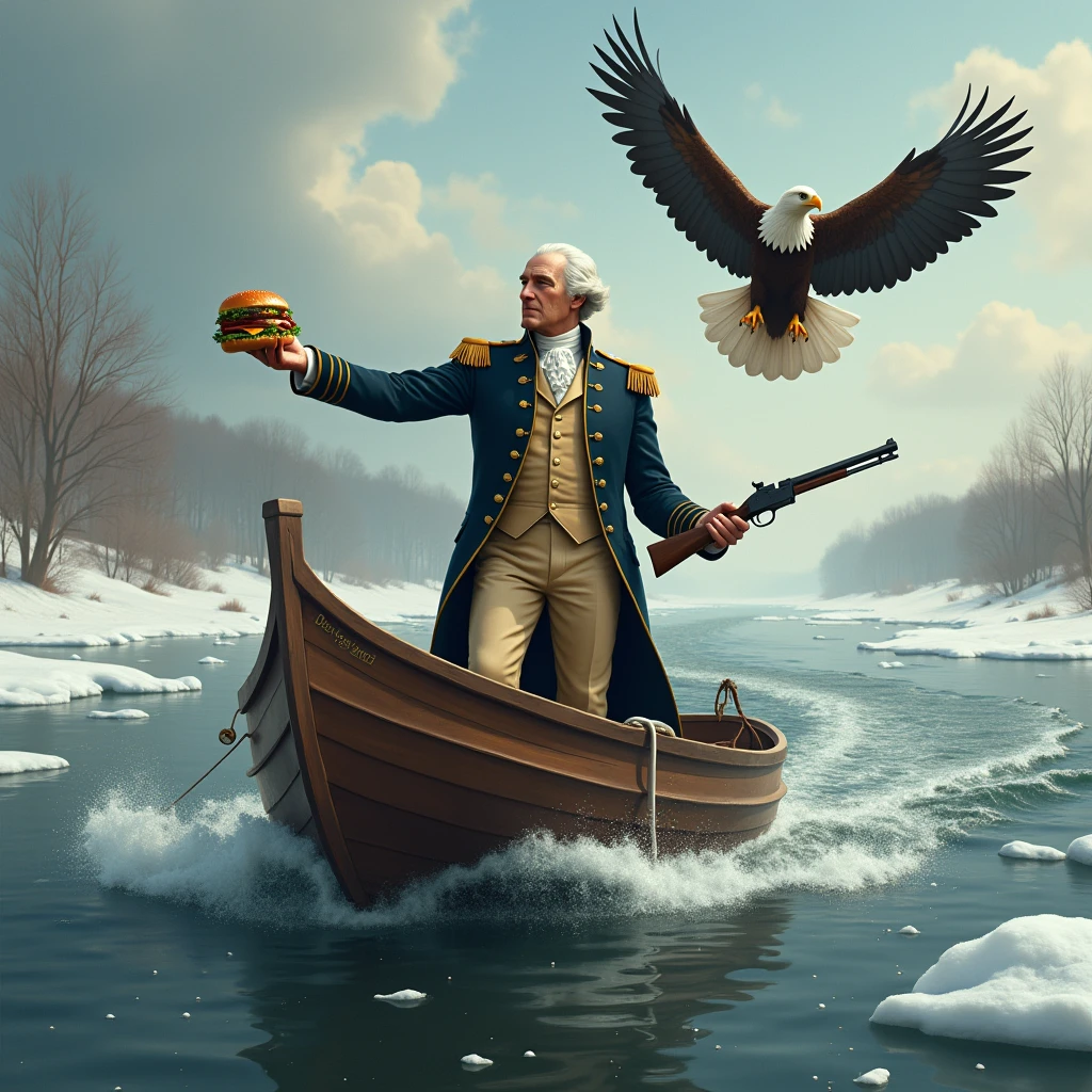 George Washington crossing on the Delaware on a bald eagle while holding a burger and a gun
