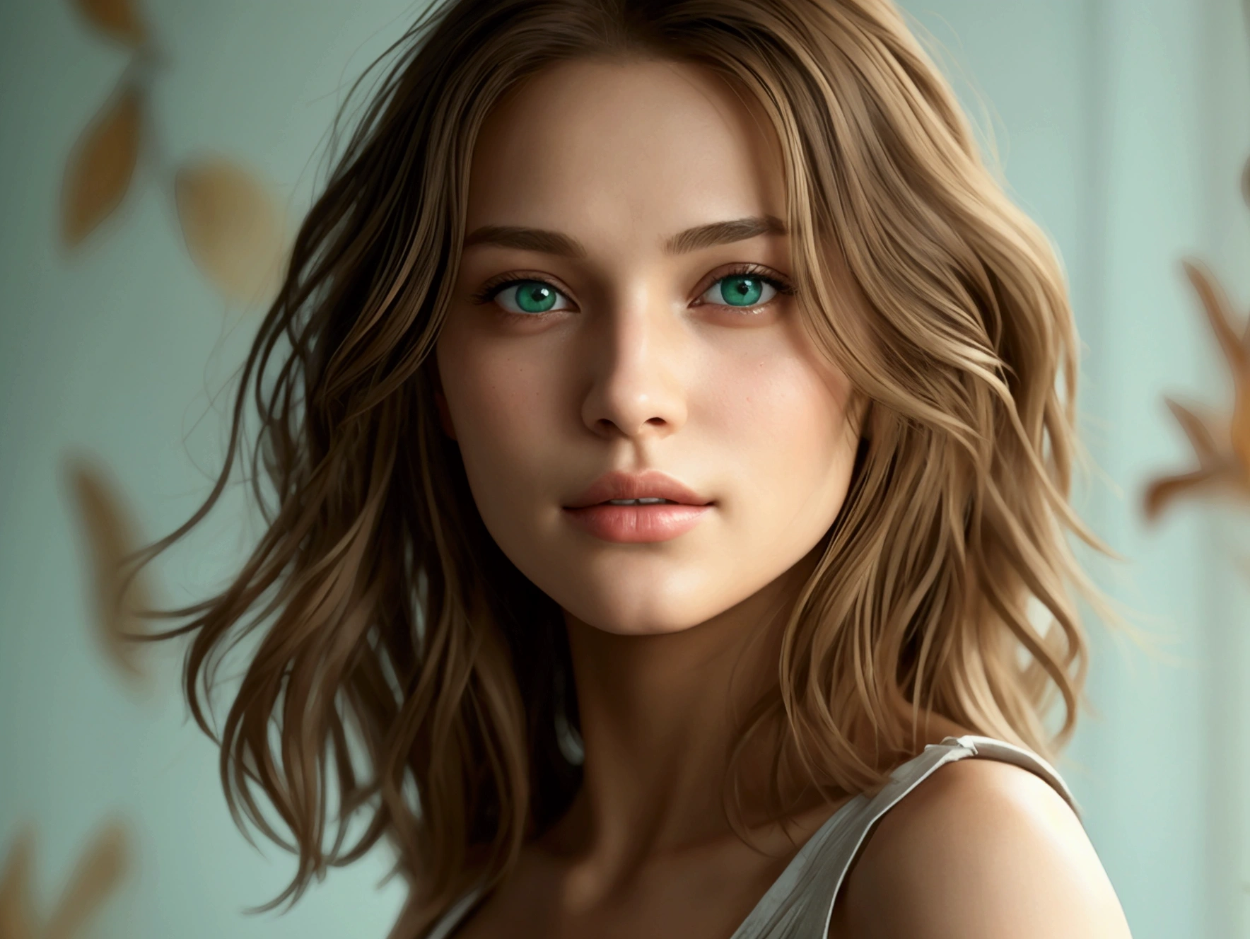 Create an ultra-realistic 3D model of a 24-year-old European woman. She has a fair complexion with a sweet and friendly facial expression. Her hair is light brown, shoulder-length, and slightly wavy, complementing her bright green eyes. The model has a height of 169 cm and weighs 55 kg, with a slender and athletic build. Her bust size is large, and she has a well-proportioned body with an excellent figure. The model should maintain consistent facial and body features across all images, regardless of changes in pose, clothing, or setting. Focus on high-resolution, photorealistic details in her face, skin texture, and overall appearance. The model will be used in a variety of scenarios, so all generated images must reflect the same person with no deviations in her core attributes. Ensure the model exudes a natural, confident, and approachable vibe.