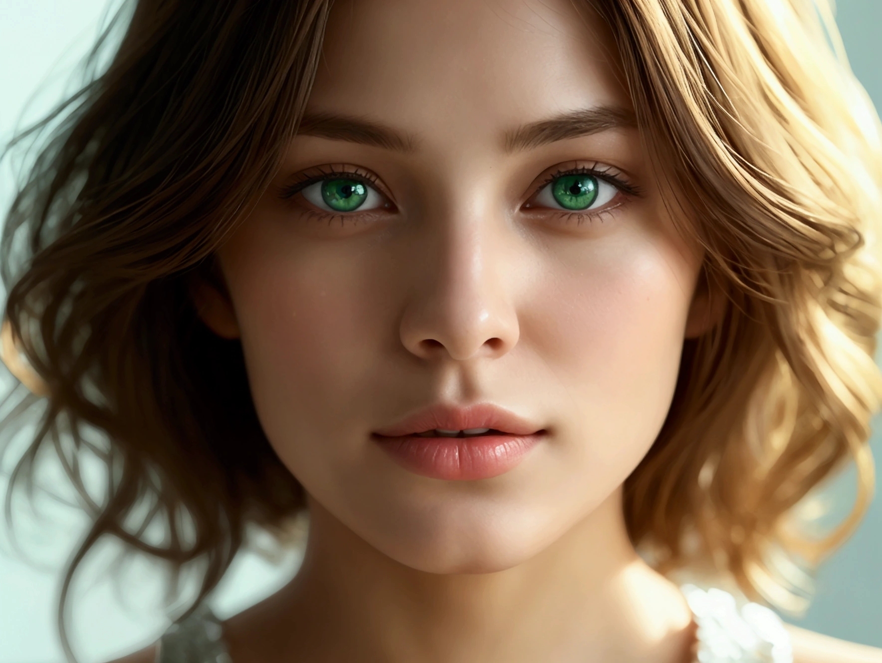 Create an ultra-realistic 3D model of a 24-year-old European woman. She has a fair complexion with a sweet and friendly facial expression. Her hair is light brown, shoulder-length, and slightly wavy, complementing her bright green eyes. The model has a height of 169 cm and weighs 55 kg, with a slender and athletic build. Her bust size is large, and she has a well-proportioned body with an excellent figure. The model should maintain consistent facial and body features across all images, regardless of changes in pose, clothing, or setting. Focus on high-resolution, photorealistic details in her face, skin texture, and overall appearance. The model will be used in a variety of scenarios, so all generated images must reflect the same person with no deviations in her core attributes. Ensure the model exudes a natural, confident, and approachable vibe.