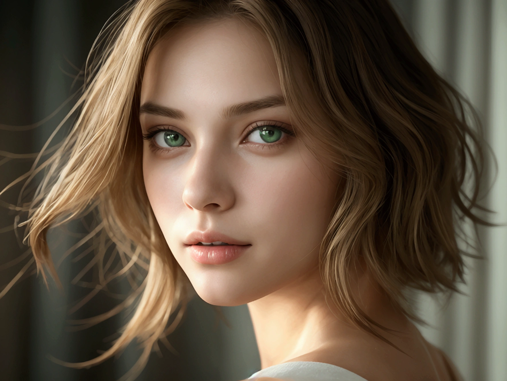 Create an ultra-realistic 3D model of a 24-year-old European woman. She has a fair complexion with a sweet and friendly facial expression. Her hair is light brown, shoulder-length, and slightly wavy, complementing her bright green eyes. The model has a height of 169 cm and weighs 55 kg, with a slender and athletic build. Her bust size is large, and she has a well-proportioned body with an excellent figure. The model should maintain consistent facial and body features across all images, regardless of changes in pose, clothing, or setting. Focus on high-resolution, photorealistic details in her face, skin texture, and overall appearance. The model will be used in a variety of scenarios, so all generated images must reflect the same person with no deviations in her core attributes. Ensure the model exudes a natural, confident, and approachable vibe.