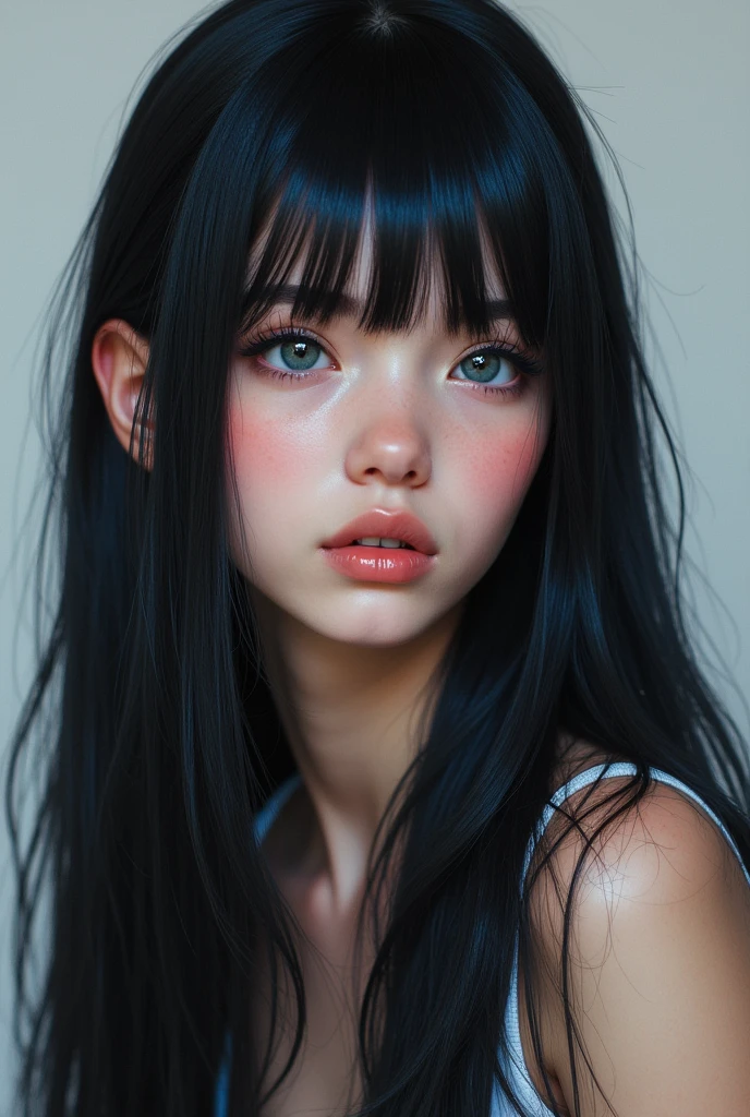 Generates an image of a girl with long, straight dark brown hair with bangs and a pointed style, that is, long layers.,Hair that reaches the waist. The skin is beige, I want you to do some fine blue-black highlights on the bangs and on the back of the hair and also in the front on those layers, do some fine blue-black highlights on certain sections of hair and fine