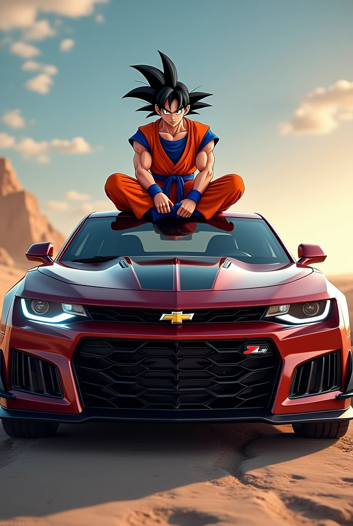 Make a Camaro ZL1 with Goku sitting on the hood