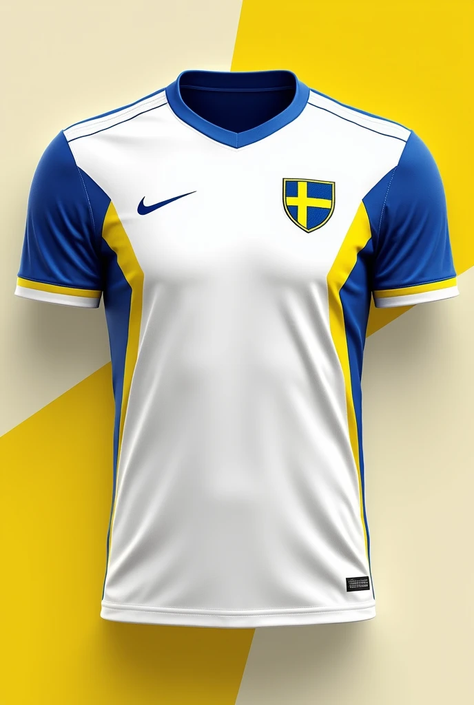 a white swedish team shirt with blue and yellow details