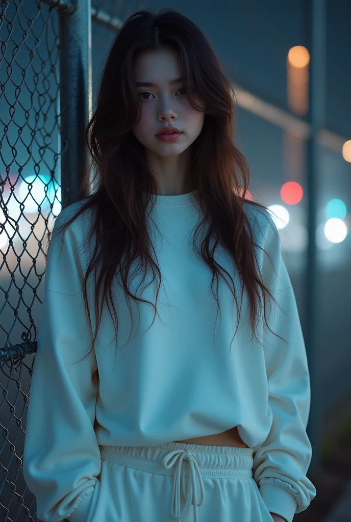 23 years old girl, beautiful, wavy hair, almond eyes, no make up, white sweatshirt, oversize_shirt, sweatpants, in front of fence, night city, cyberpunk vibes, close up, (photorealistic:1.2), (ultra realistic:1.3), (very detailed:1.1), ((masterpiece)),