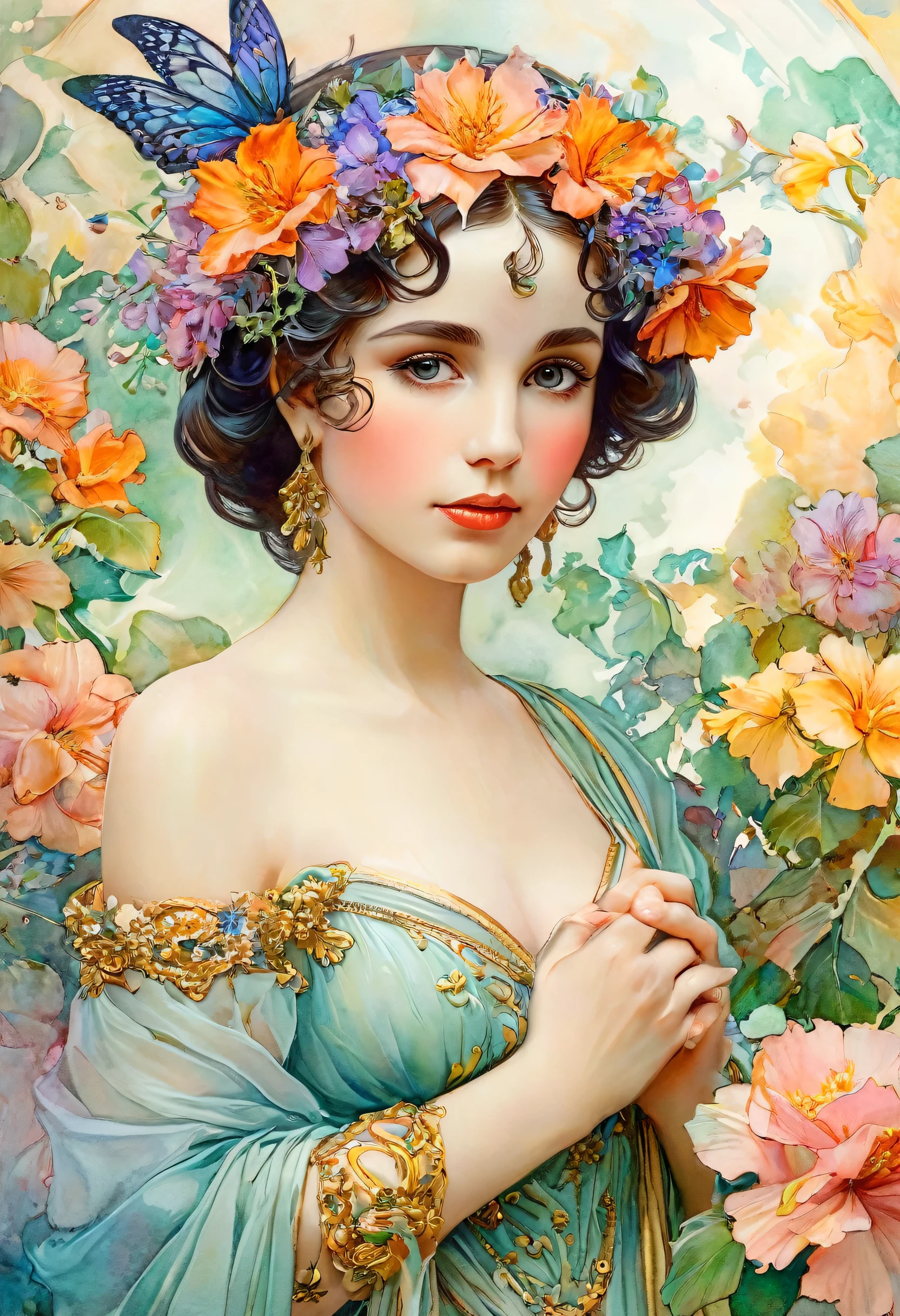 Depicts a beautiful woman with flowers in her hair, (Elizabeth Taylor: 1.4), Highly detailed watercolor painting, The style of Alfons Maria Mucha and Gustav Kirmut, details (((Art Nouveau))), Fairy Princess, Anthropomorphic woman, Female figure , Detailed cover art, Like the Goddess of Flowers, Alphonse Mucha, Gustav Klimt, Pale skin, Marble sculpture, society, Gothic art, Art Nouveau, Behance contest winner.