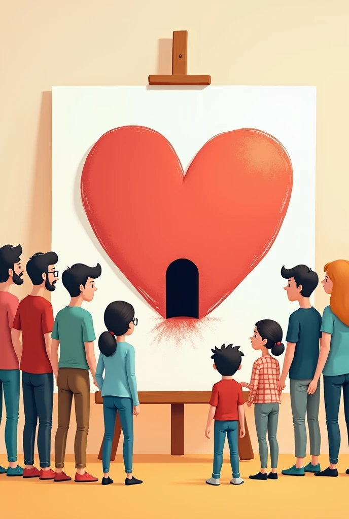 People looking at a painting of a heart a small door in it without any handle cartoon image