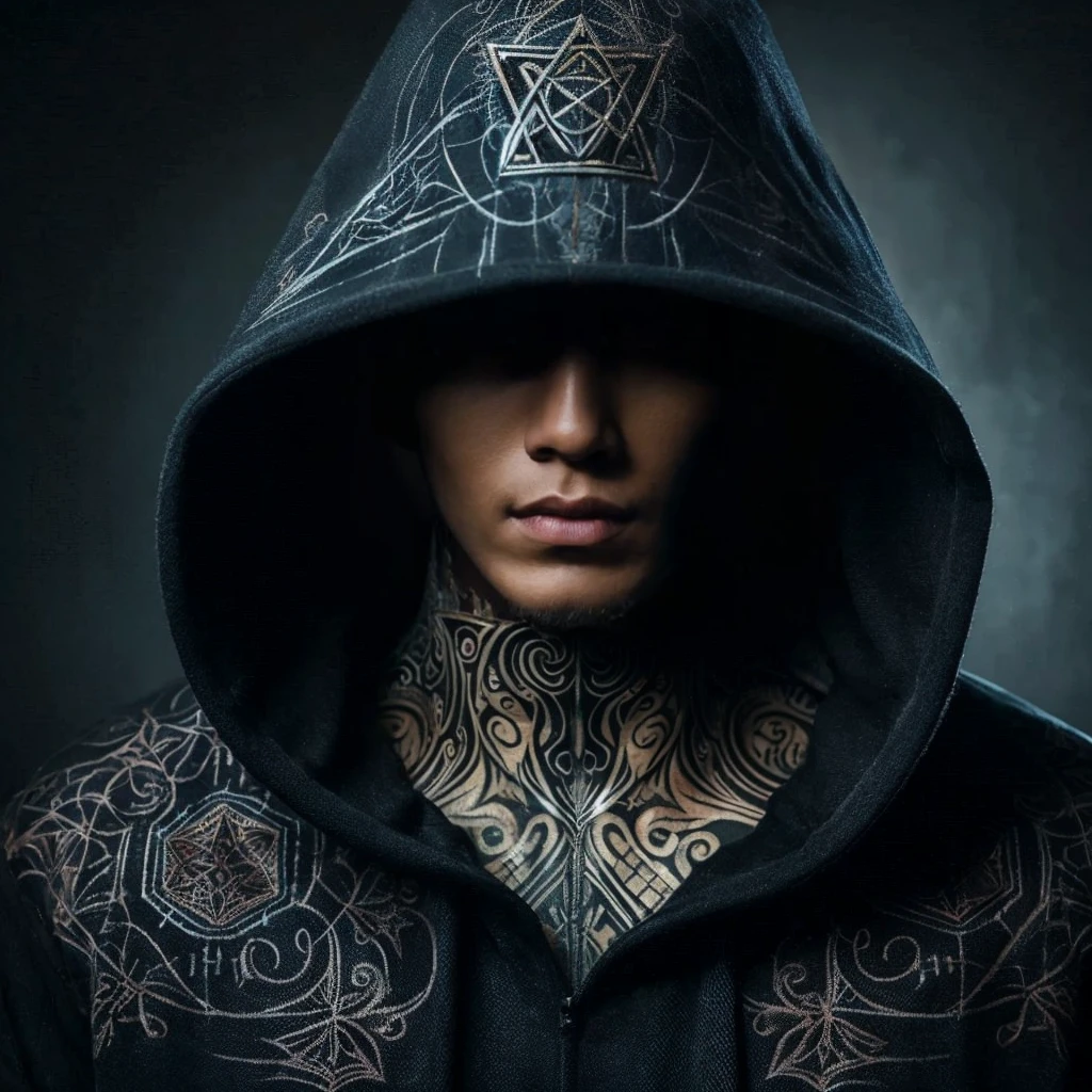 
A highly realistic full-body portrait, professionally photographed, of a 20-year-old Thai man, clean face and skin, very charming and mysterious figure shrouded in darkness, wearing an elegant black hoodie that partially conceals their identity, wearing a head hood decorated with intricate symbols and patterns, a hint at his secret nature. The all-black attire is a mix of cultural influences, adding to the overall mystique of the night. Set against the backdrop of a dimly lit alley or a moonlit forest, where the shadow of a dancing woman deceives the eye, this high-resolution UHD 8K image has a cinematic quality that draws the viewer into a world filled with imagination and mystery. full body portrait photography, cinematic soft night lighting movie, potret poster, pro photography art, realism, unreal, highly detailed, clear and sharp.