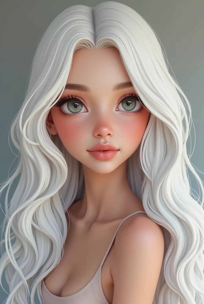 A girl with long white hair,light olive skin button nose, full pink lips, gray eyes, high cheekbones