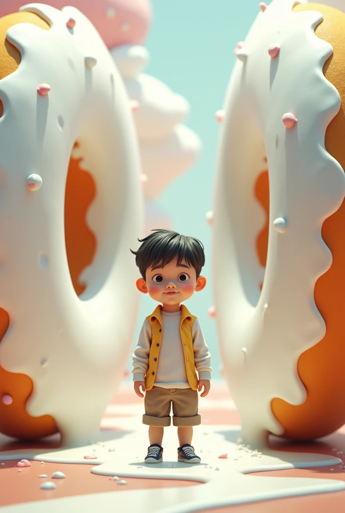A boy with two giant white donuts, one on the right side and the other on the left., and the donuts are spilling milk on the floor